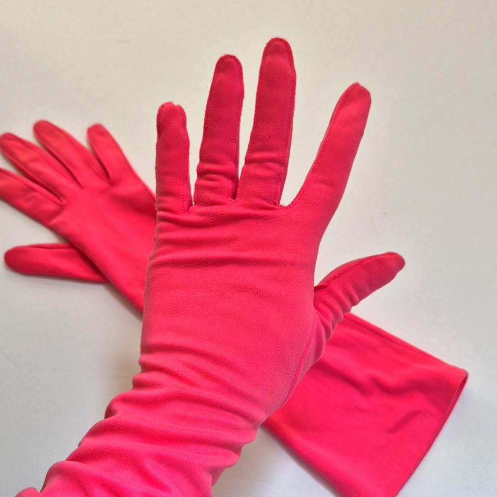 Vintage Long Pink Women's Dress Gloves 6.5 Barbie Pink Bubblegum Mid century